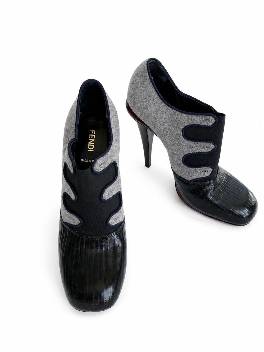 Fendi Gray Black Burgundy Mixed Media Stiletto Heel Booties Pumps Size 39